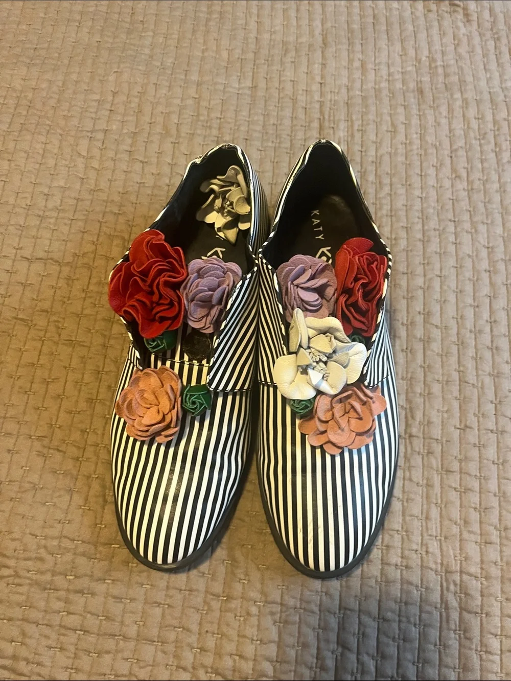 Katy Perry Black & White Striped Slip-On Loafers with Multi-Color Flower Accents